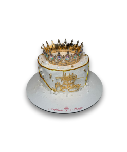 Tort Aniversar cu coronita si sclipici alb cu auriu