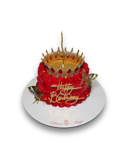 Tort Aniversar cu coronita si sclipici, și fluturasi, rosu