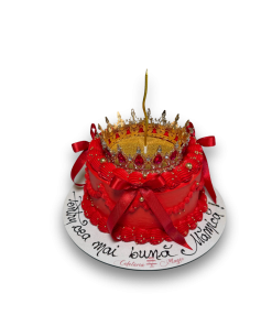 Tort Aniversar cu coronita si sclipici si fundite, rosu