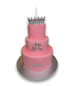 Tort cu coronita si sclipici, roz cu etaj